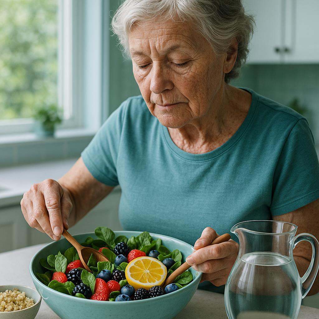 The photograph captures an older woman in a brightly lit modern kitchen, gracefully preparing a colorful salad brimming with leafy greens, vibrant berries, and citrus slices. The scene is bathed in natural light filtering through a large window, creating an airy and inviting atmosphere. The woman, displaying natural skin texture complete with fine microdetails and subtle imperfections, focuses intently on her task, drawing viewers into her world without making direct eye contact. The cool color palette of greens and blues is accented by the splash of fruit colors, emphasizing the health benefits of the alkaline diet. A bowl of quinoa and a jug of alkaline water sit nearby, symbolizing balance and nourishment. The image’s depth is enhanced through soft shadows and highlights that define her features, showcasing age with grace. Shot on a Canon EOS R5, the intricate details of the skin and the luminous quality of the food come alive, creating a compelling narrative on health and wellness for older women.